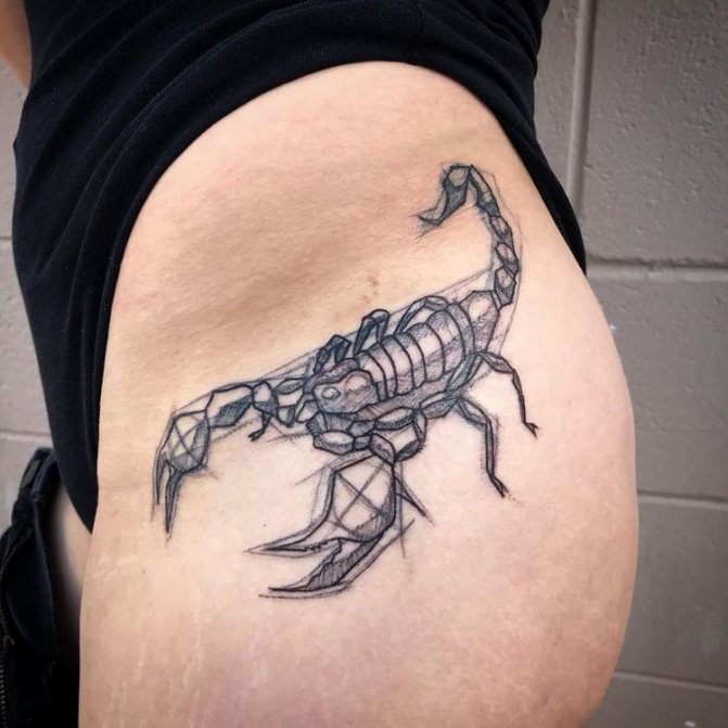 Tattoo of a scorpion on the hip for women