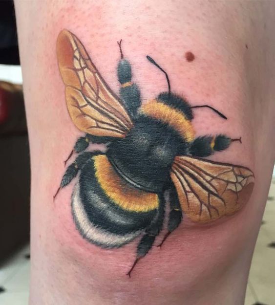 Colored bumblebee tattoo on the knee for men