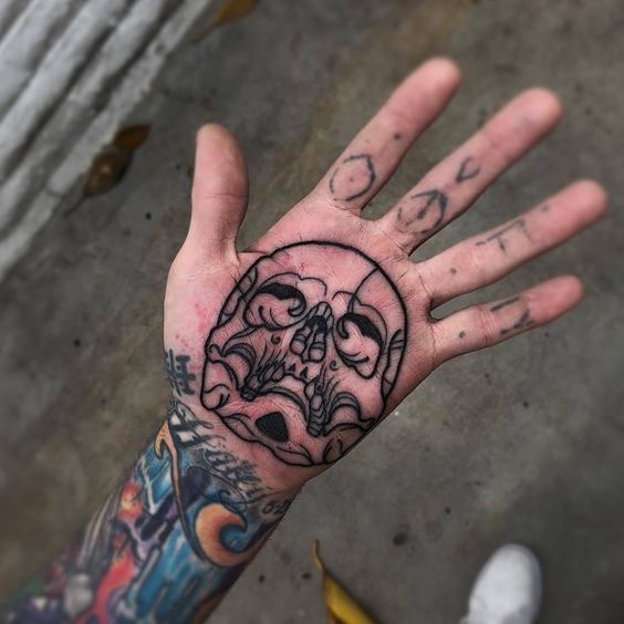 Skull tattoo on the palm of the hand for men