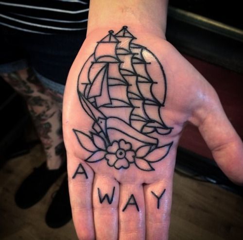 Ship tattoo on the palm of the hand for men