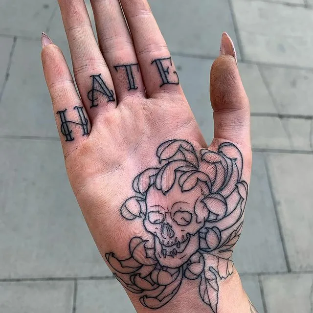 Skull tattoo on the palm of the hand for women