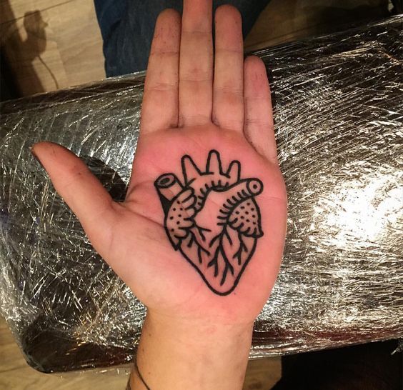 Heart tattoo on the palm of the hand for men