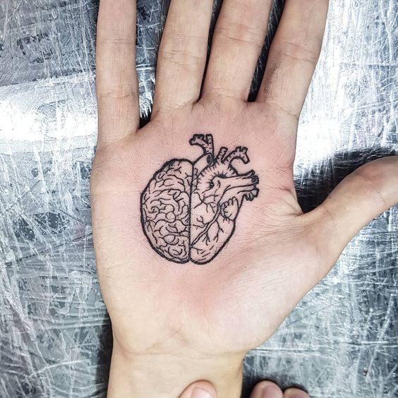 Heart tattoo on the palm of the hand for men