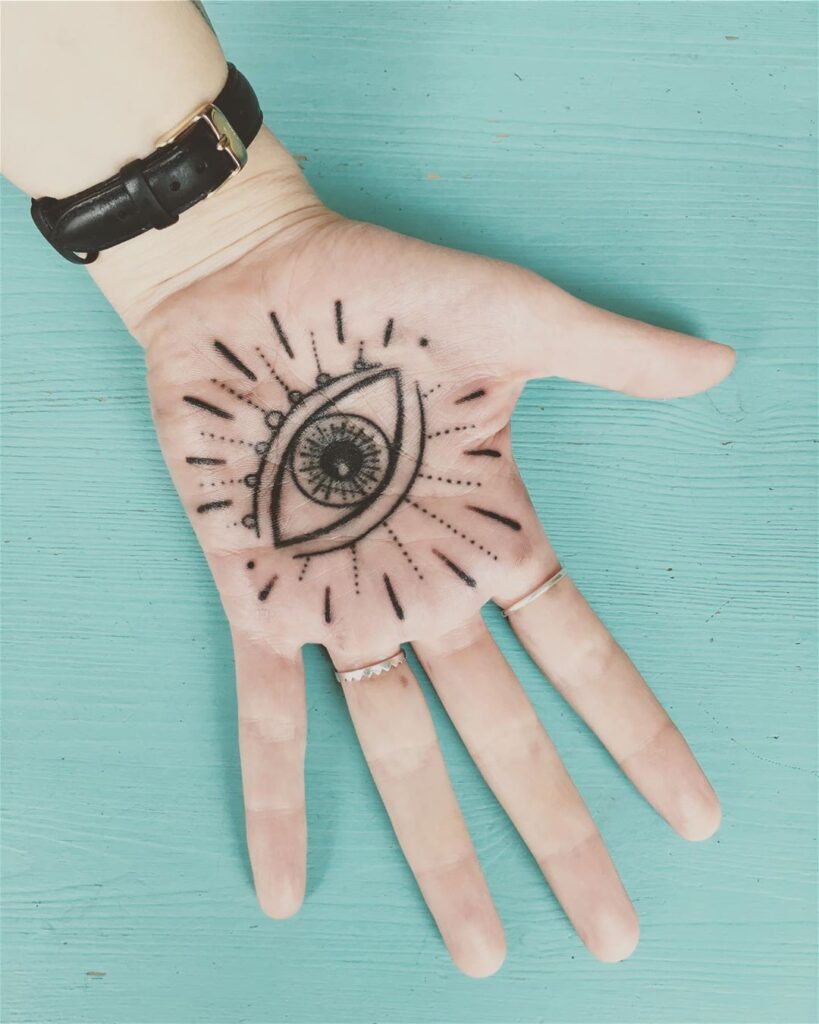 Eye tattoo on the palm of the hand for men