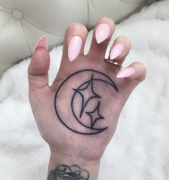 Moon tattoo on the palm of the hand for women