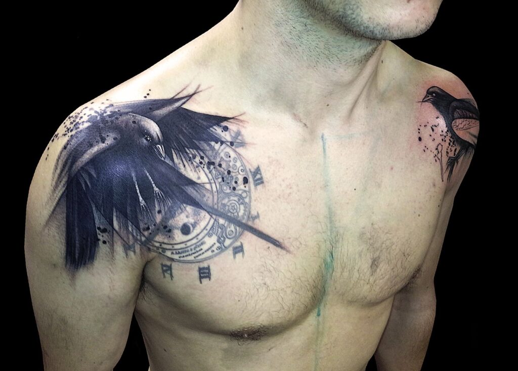 Tattoo of two crows on the shoulders for men