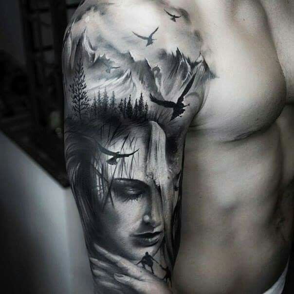 Large tattoo of a girl on the shoulder for a man