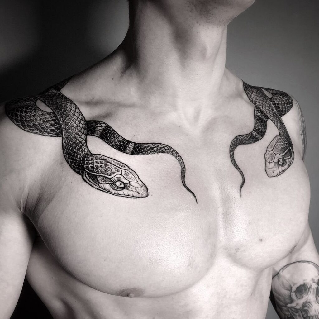 Tattoo of two snakes on the shoulder for men