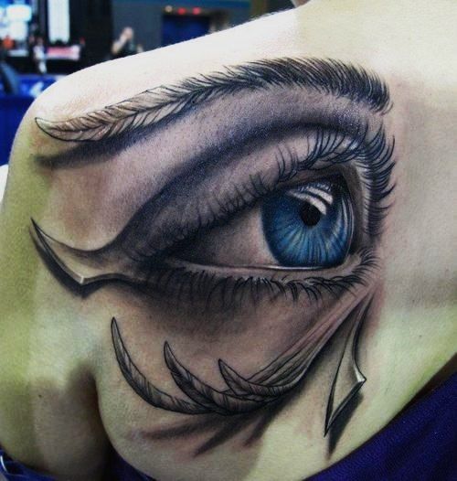 Colored eye tattoo on the shoulder blade for women