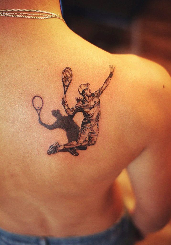 Tennis player tattoo on the shoulder blade for men