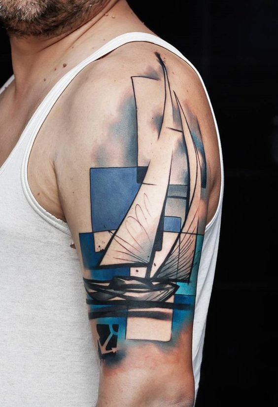 Colorful sailboat tattoo on the shoulder for men