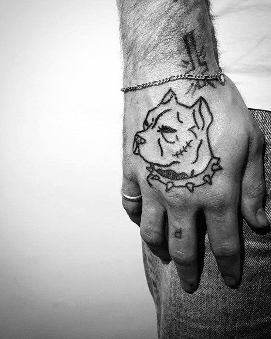 A pit bull tattoo on the hand for men