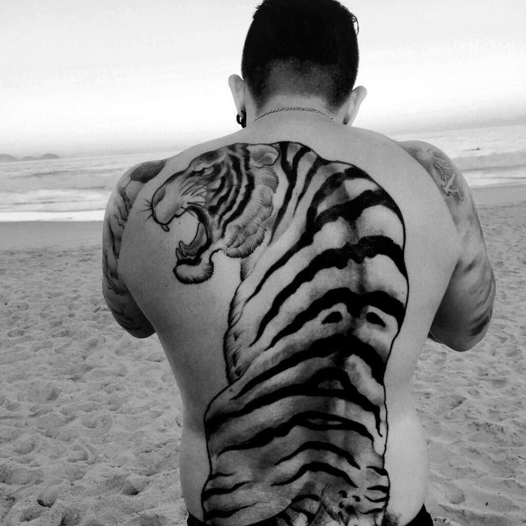 Large tiger tattoo on the back for men