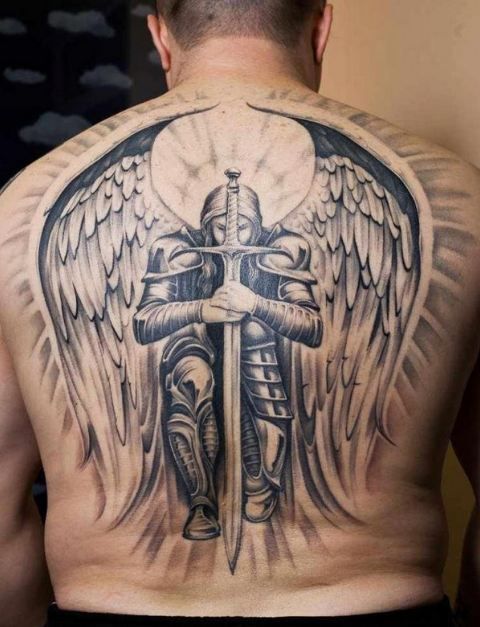 Angel tattoo on the back for men