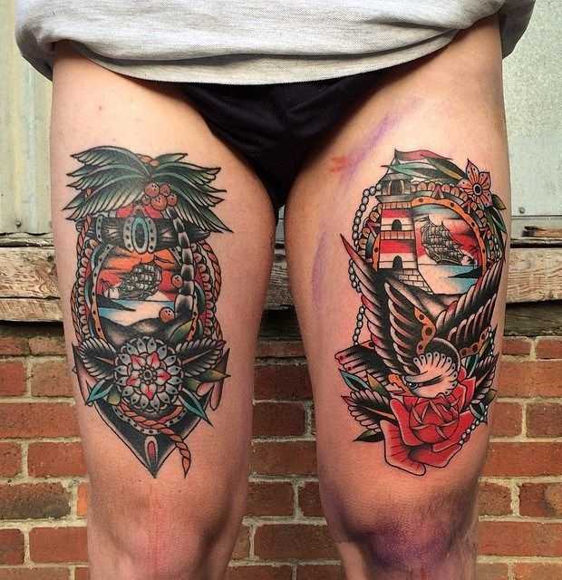 Color tattoo on the thigh for men