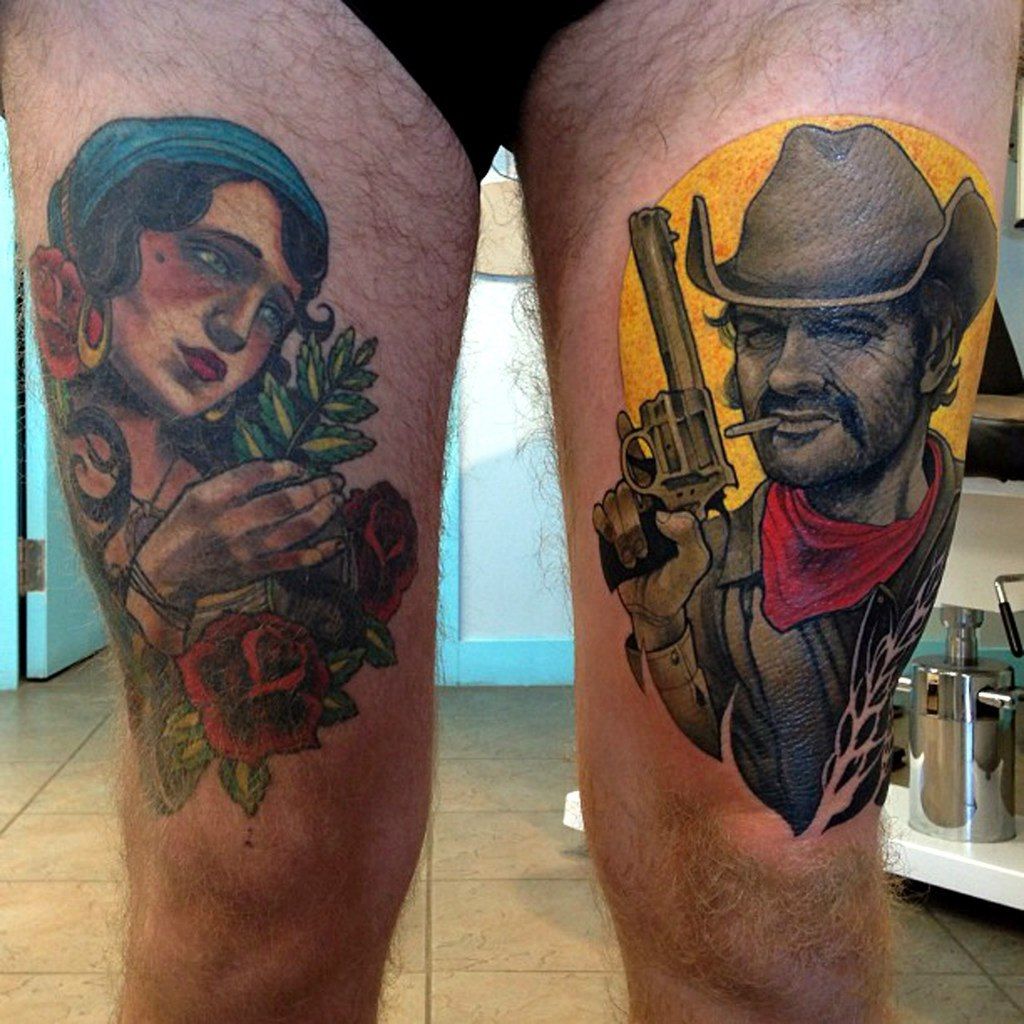 Color portrait tattoo on the hip for men