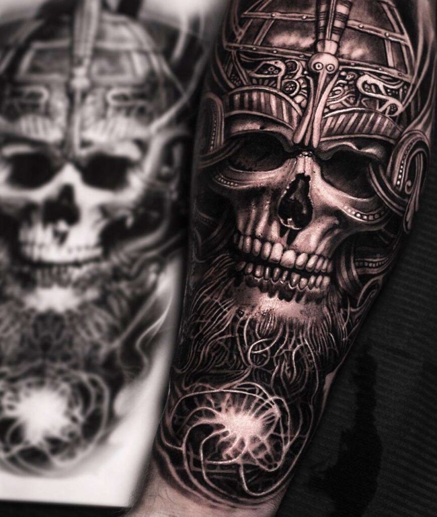 Black&grey skull tattoo on the arm for men Black&grey skull tattoo on the arm for men