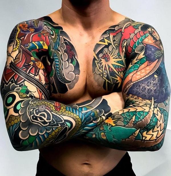 Color chest tattoo for men