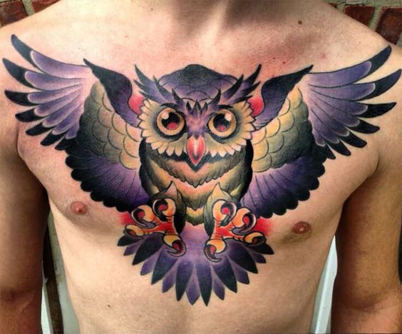 Colorful owl tattoo on the chest for men