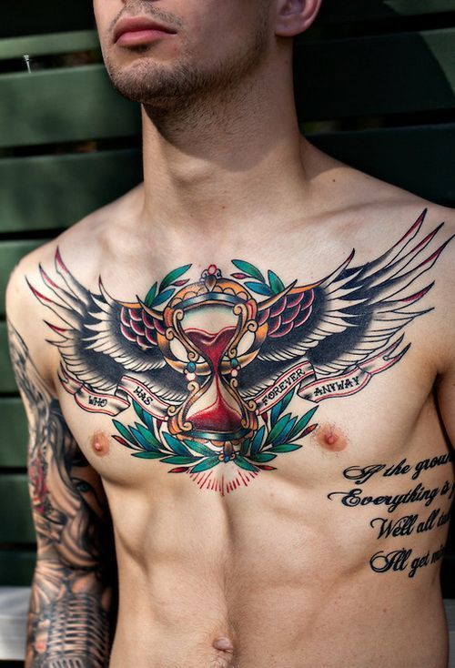 Large hourglass tattoo on the chest for men