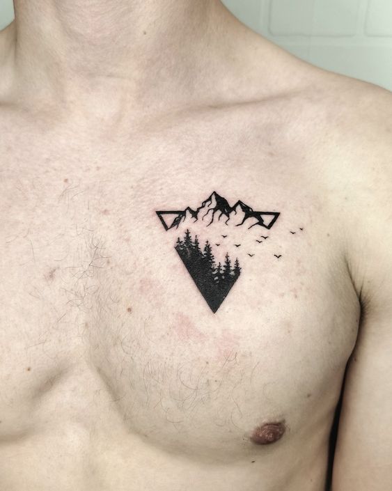 Tattoo of mountains on the chest for men