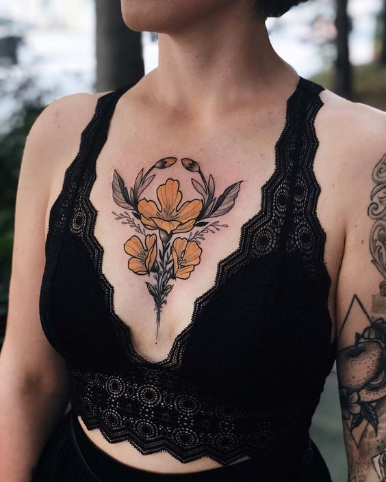 Color tattoo on the chest for women