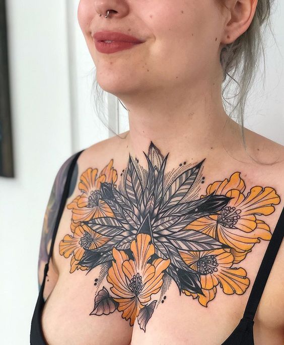 Color tattoo on the chest for women