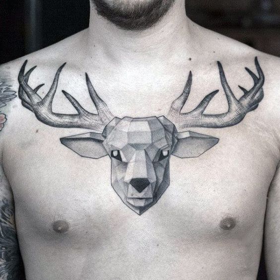 Large deer tattoo on the chest for men