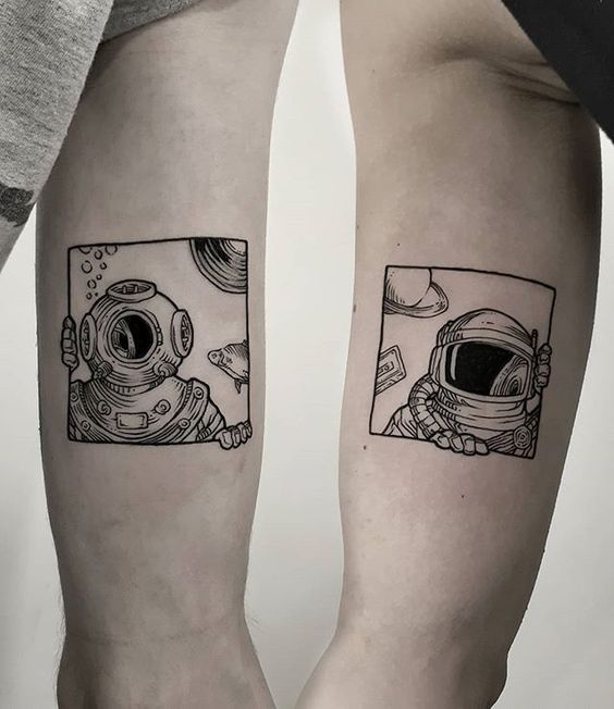 Tattoo of astronauts in graphic style on hands for men