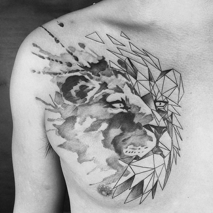 Large lion tattoo in graphic style on the chest for men