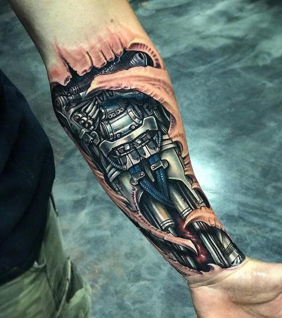 Biomechanics style tattoo on the forearm for men