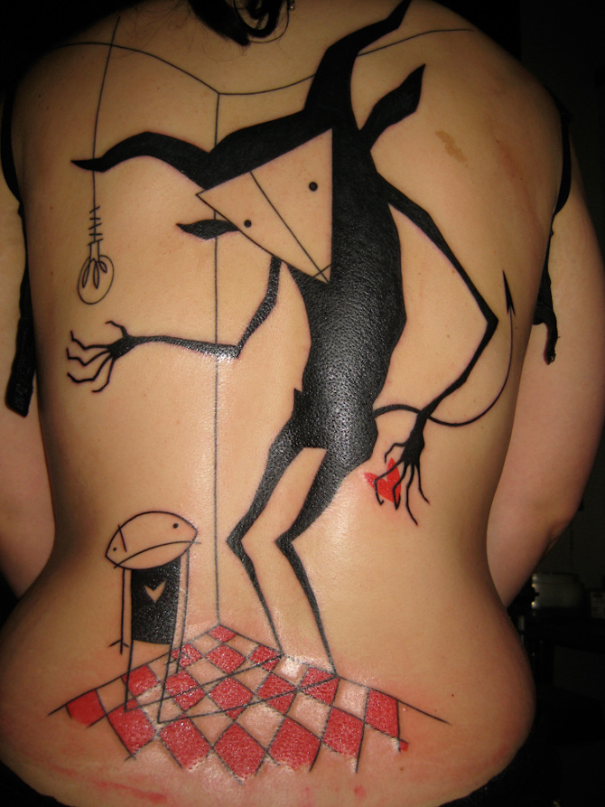 Large art-brut style tattoo on the back for men