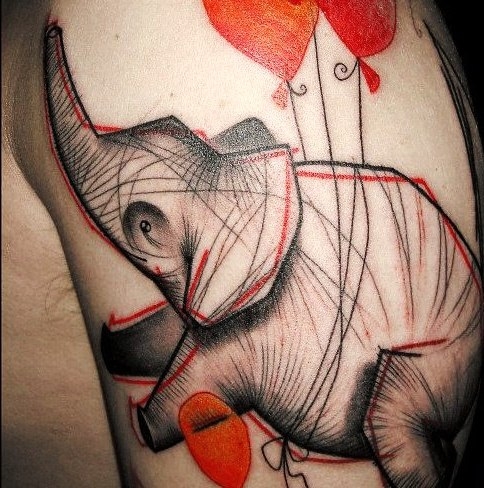 Large art-brute elephant tattoo on the shoulder for men