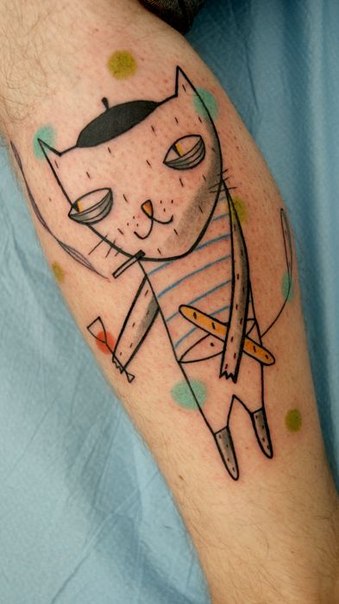 Art brut cat tattoo on the shin for men