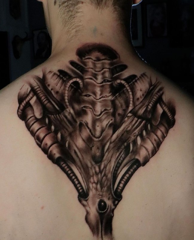 Biomechanics style tattoo on the back for men