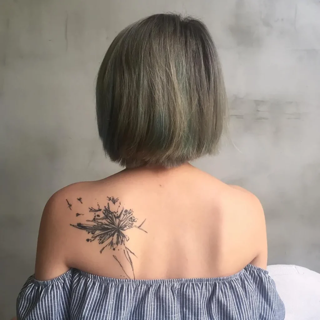 Dandelion tattoo on the shoulder blade for women