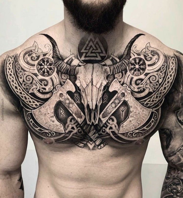 Large skull tattoo on the chest for men