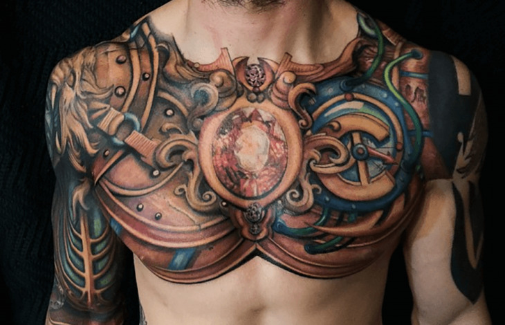 Color tattoo on the chest for men