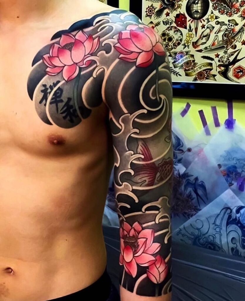 Japan style tattoo on the shoulder for men