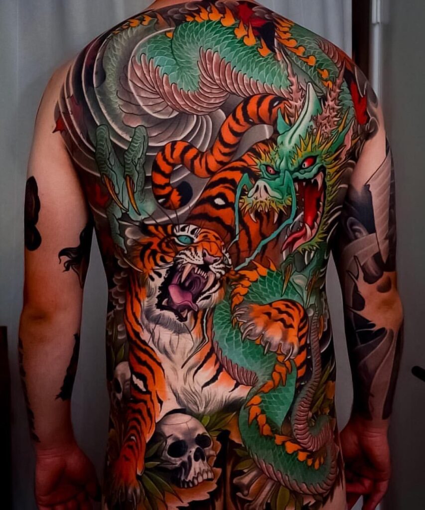 Japan style tattoo on the back for men