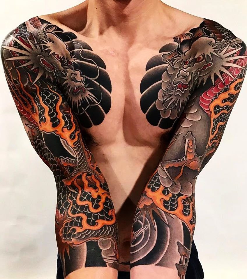 Japan style tattoo on arms for men