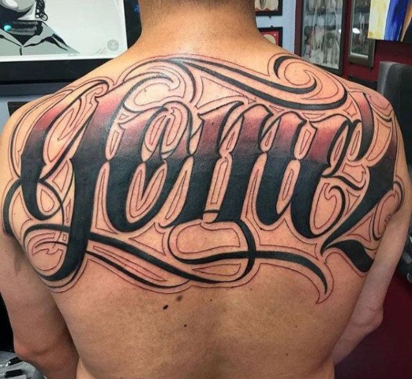 Lettering style tattoos on the back for men