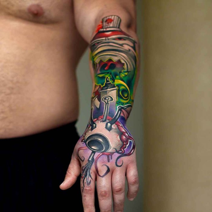 Colorful new-school style tattoo on the forearm for men