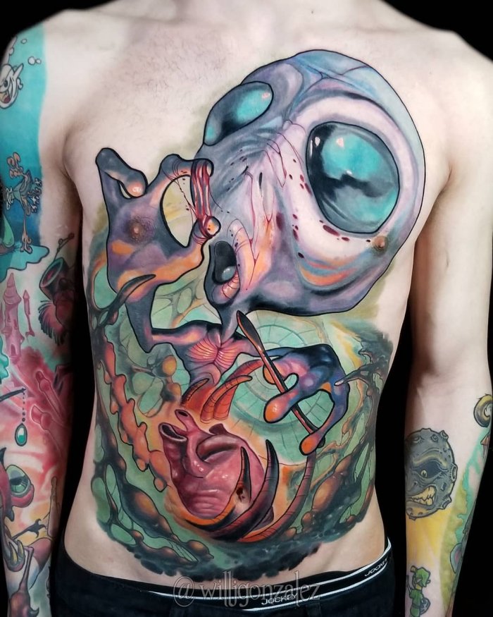 Colorful new-school style tattoo on the abdomen for men