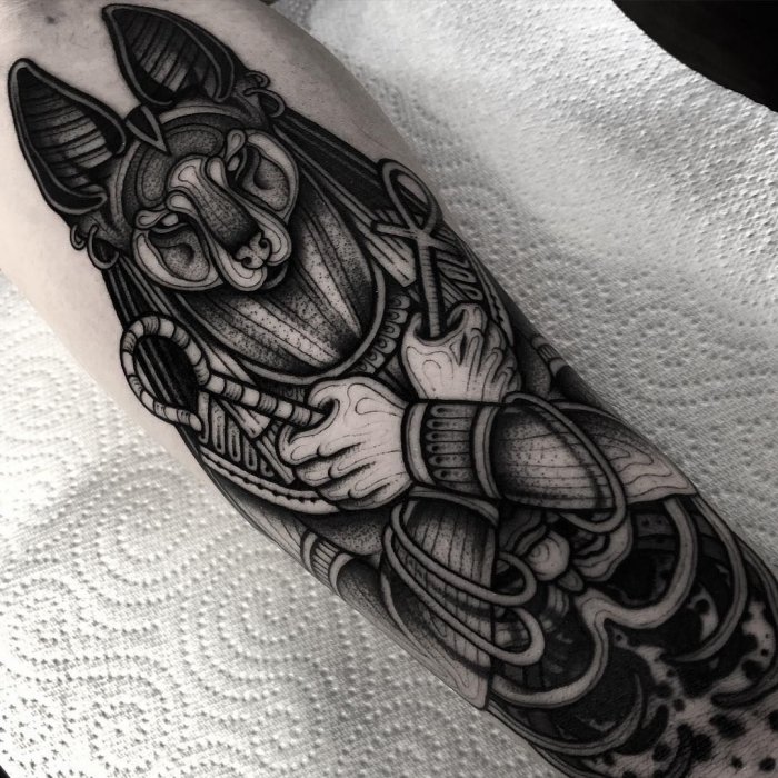 Anubis tattoo on forearm for men