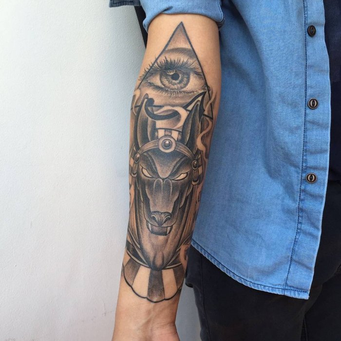 Anubis tattoo on forearm for men