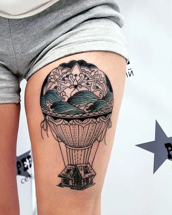 Balloon tattoo on thigh for women