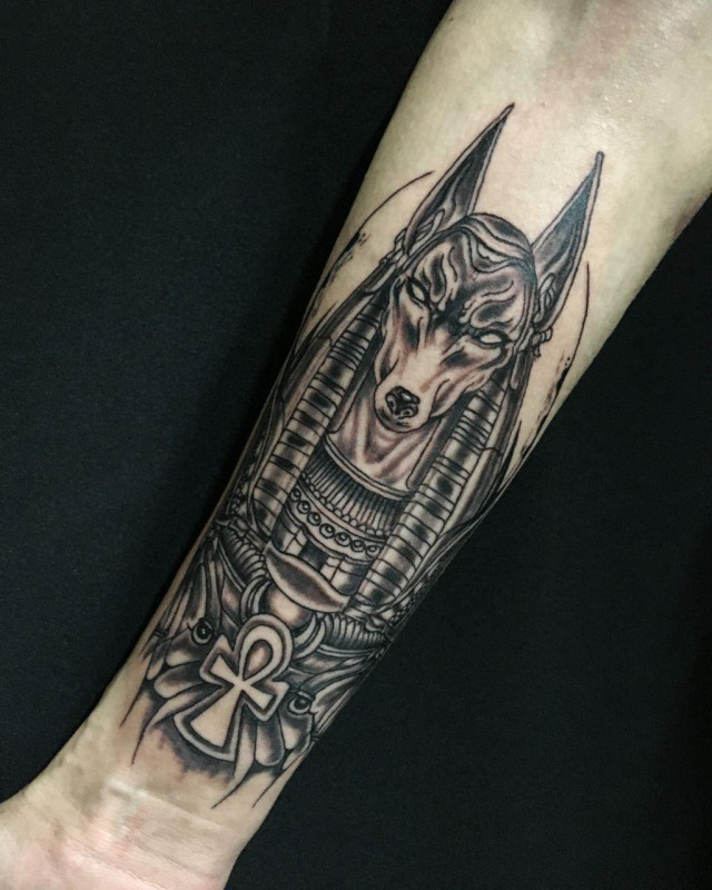 Anubis tattoo on forearm for men