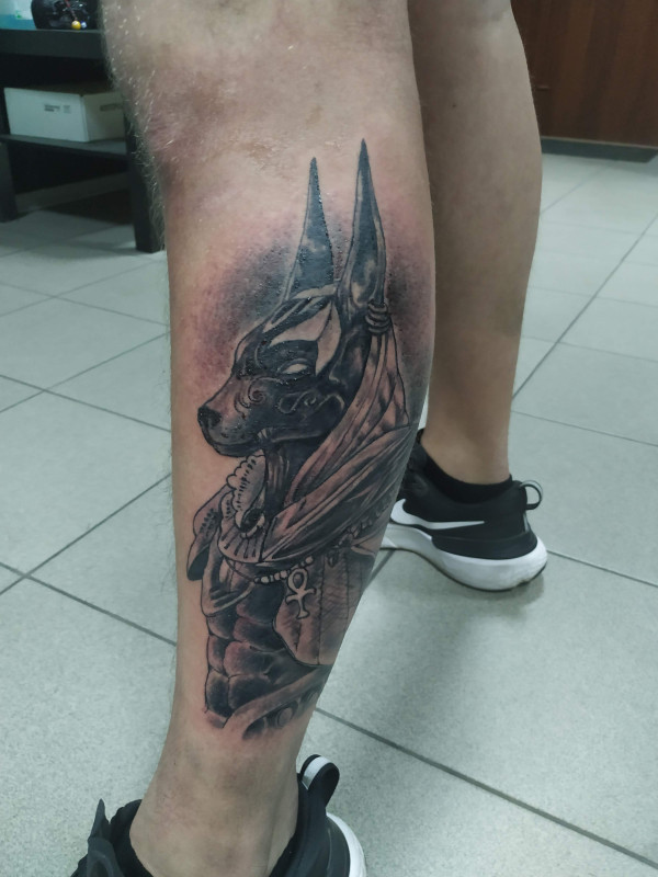 Anubis tattoo on the shin for men