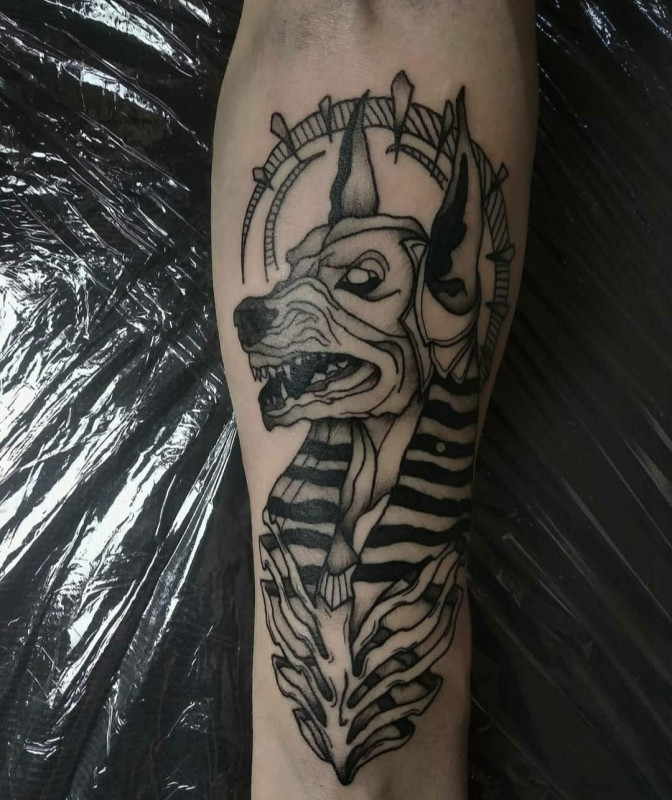 Anubis tattoo on forearm for men